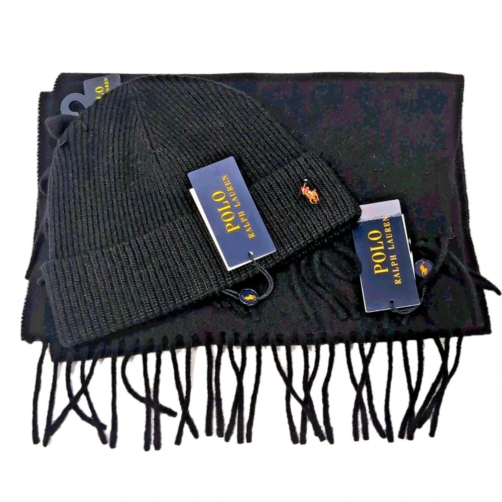 Polo Ralph Lauren Wool Scarf ITALY Wool Blend Beanie Hat CHINA Set Black NEW NWT